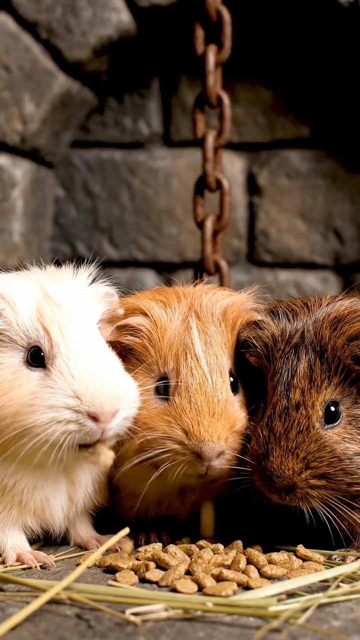 754. Photorealistic scene of 4 smooth-haired Teddy guinea pigs with Fawn, Chocolate, Cinnamon, and Sable fur, dressed as librarians in tiny glasses, shelving miniature books in a guinea pig library with hay shelves and soft lamplight, capturing a realistic, cozy moment.