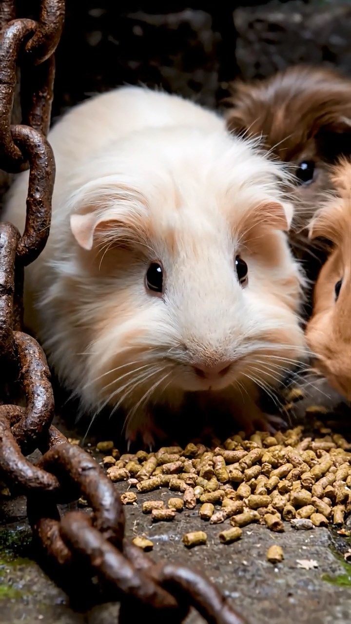 754. Photorealistic scene of 4 smooth-haired Teddy guinea pigs with Fawn, Chocolate, Cinnamon, and Sable fur, dressed as librarians in tiny glasses, shelving miniature books in a guinea pig library with hay shelves and soft lamplight, capturing a realistic, cozy moment.