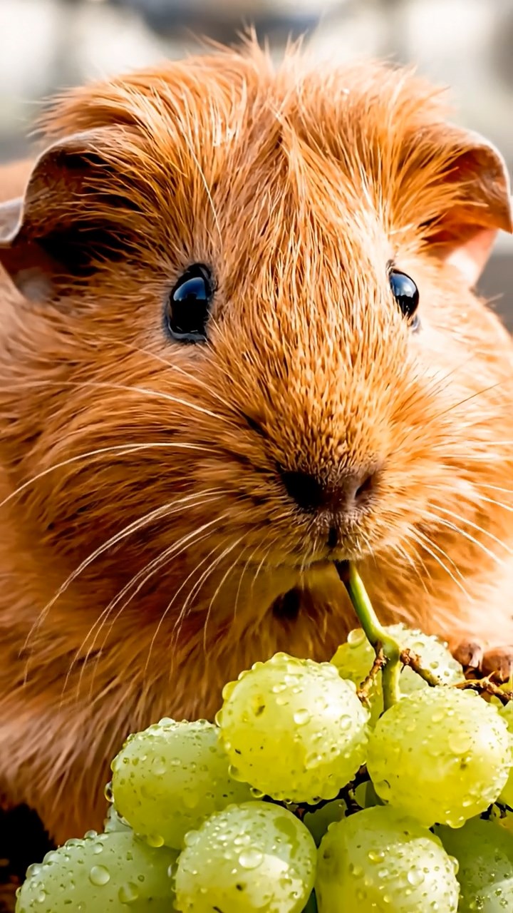 755. Highly detailed view of 5 smooth-haired Himalayan guinea pigs with White, Orange, Gray, Black, and Brown fur, foraging for wild herbs in a lush meadow with wildflowers and a babbling brook, under soft morning light, creating a realistic, serene pastoral scene.