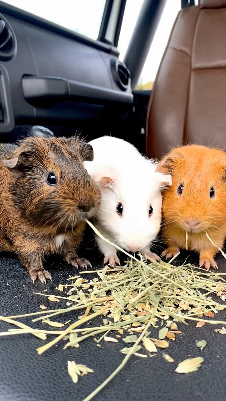 764. Realistic scene of 4 smooth-haired Californian guinea pigs with Fawn, Chocolate, Cinnamon, and Sable fur, dressed as firefighters in tiny uniforms, inspecting a miniature fire truck in a guinea pig village with hay houses, under glowing streetlights, capturing a heroic, lifelike moment.