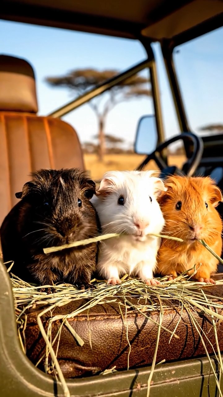 764. Realistic scene of 4 smooth-haired Californian guinea pigs with Fawn, Chocolate, Cinnamon, and Sable fur, dressed as firefighters in tiny uniforms, inspecting a miniature fire truck in a guinea pig village with hay houses, under glowing streetlights, capturing a heroic, lifelike moment.