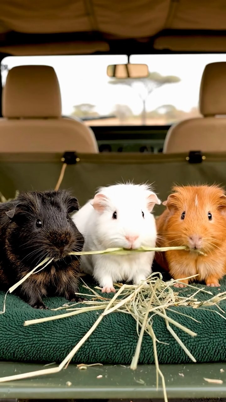 764. Realistic scene of 4 smooth-haired Californian guinea pigs with Fawn, Chocolate, Cinnamon, and Sable fur, dressed as firefighters in tiny uniforms, inspecting a miniature fire truck in a guinea pig village with hay houses, under glowing streetlights, capturing a heroic, lifelike moment.