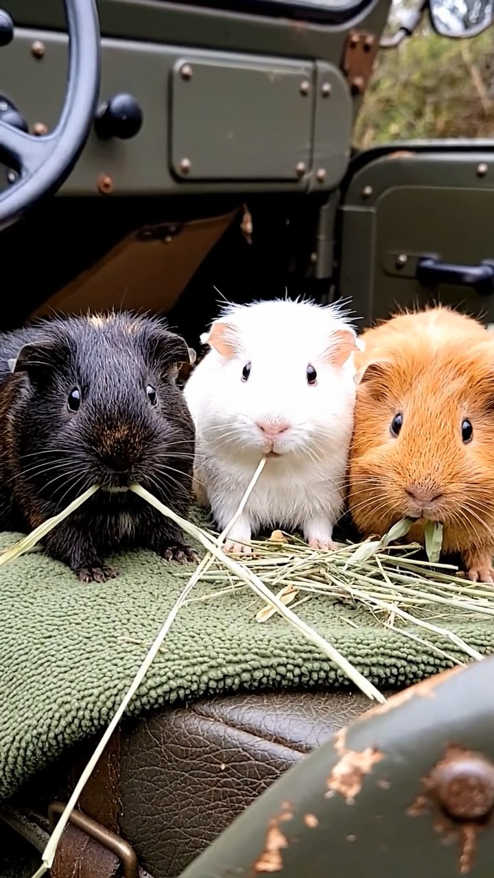 764. Realistic scene of 4 smooth-haired Californian guinea pigs with Fawn, Chocolate, Cinnamon, and Sable fur, dressed as firefighters in tiny uniforms, inspecting a miniature fire truck in a guinea pig village with hay houses, under glowing streetlights, capturing a heroic, lifelike moment.