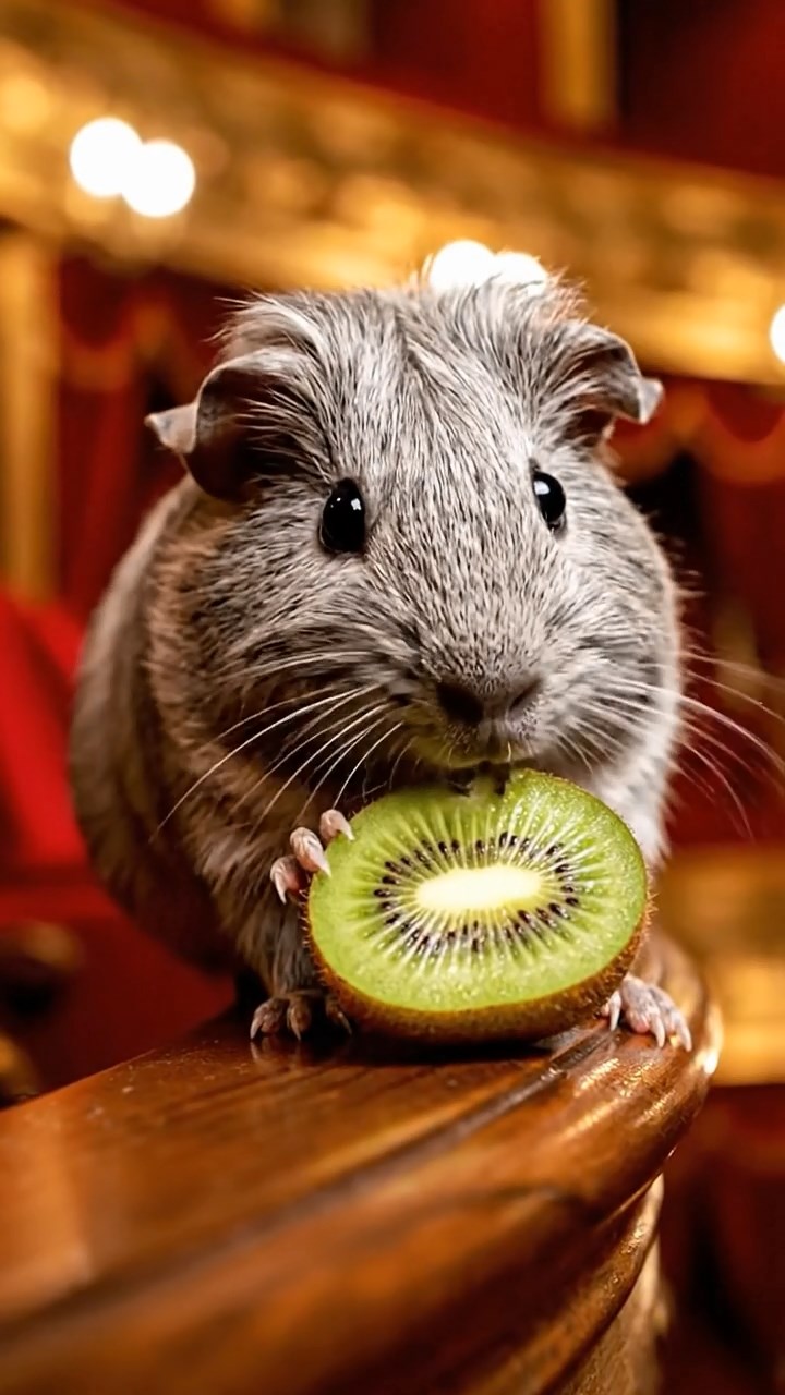 765. Detailed photo of 5 smooth-haired American guinea pigs with White, Orange, Gray, Black, and Brown fur, foraging for clover in a lush meadow with wildflowers and a trickling stream, under soft morning light, creating a realistic, serene pastoral scene.