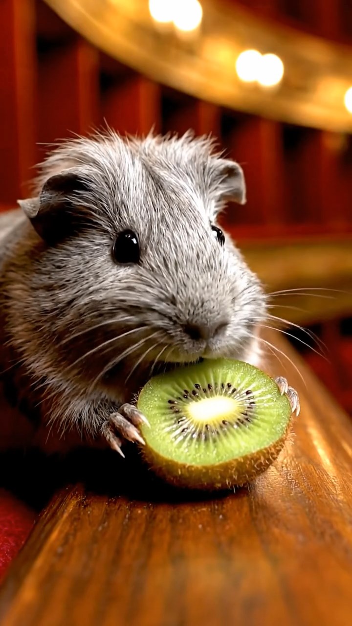 765. Detailed photo of 5 smooth-haired American guinea pigs with White, Orange, Gray, Black, and Brown fur, foraging for clover in a lush meadow with wildflowers and a trickling stream, under soft morning light, creating a realistic, serene pastoral scene.