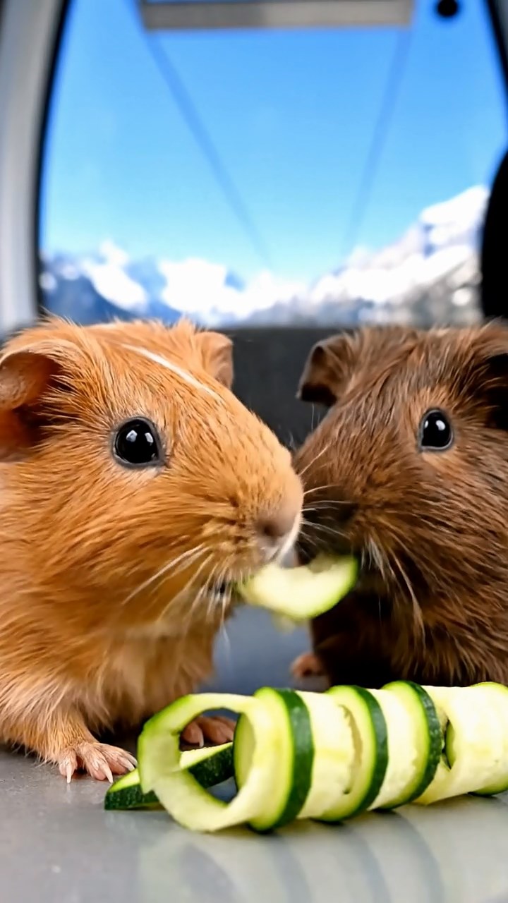 767. Highly detailed view of 2 smooth-haired Himalayan guinea pigs with Fawn and Sable fur, dressed as musicians in tiny vests, playing miniature flutes in a guinea pig concert hall with hay seats and velvet curtains, under warm spotlights, creating a realistic, elegant scene.