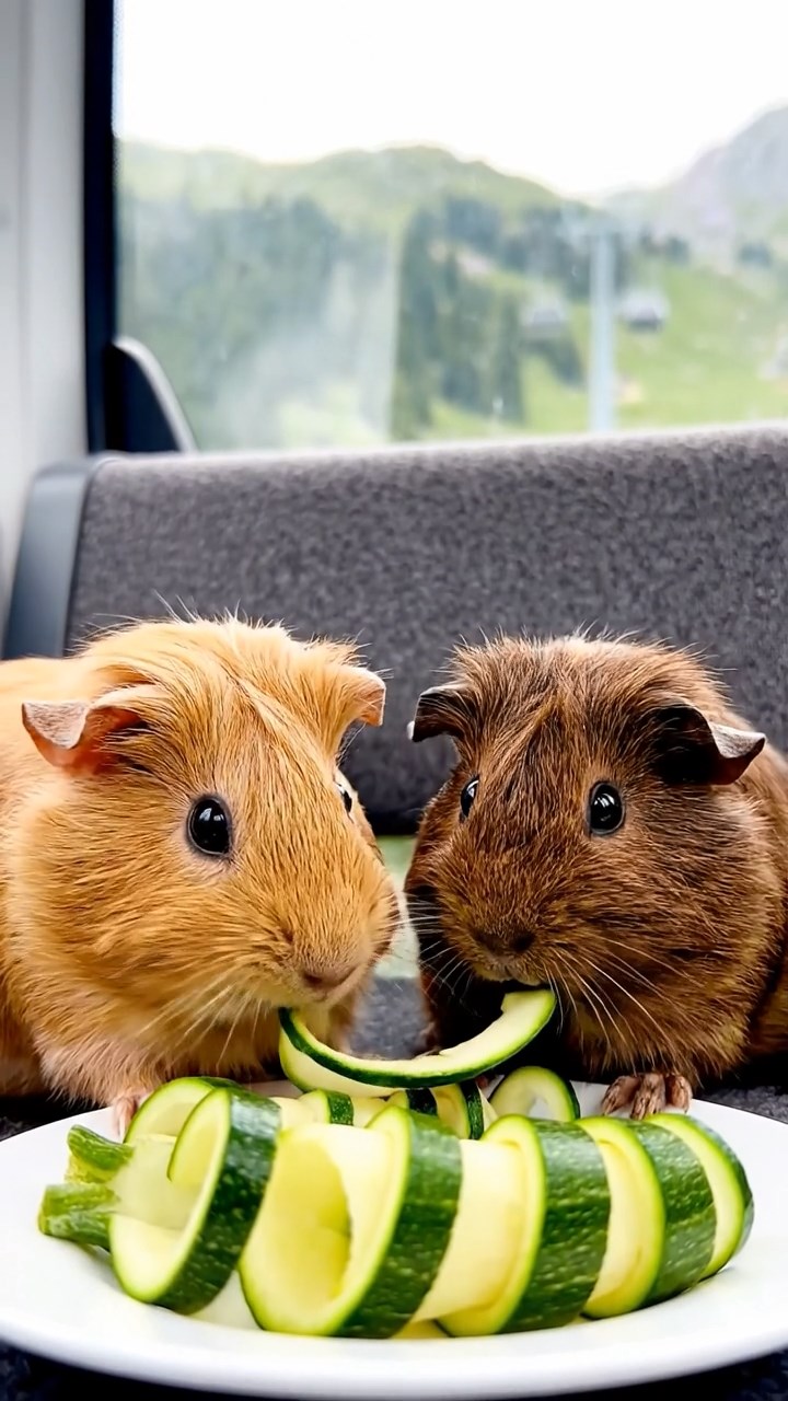 767. Highly detailed view of 2 smooth-haired Himalayan guinea pigs with Fawn and Sable fur, dressed as musicians in tiny vests, playing miniature flutes in a guinea pig concert hall with hay seats and velvet curtains, under warm spotlights, creating a realistic, elegant scene.