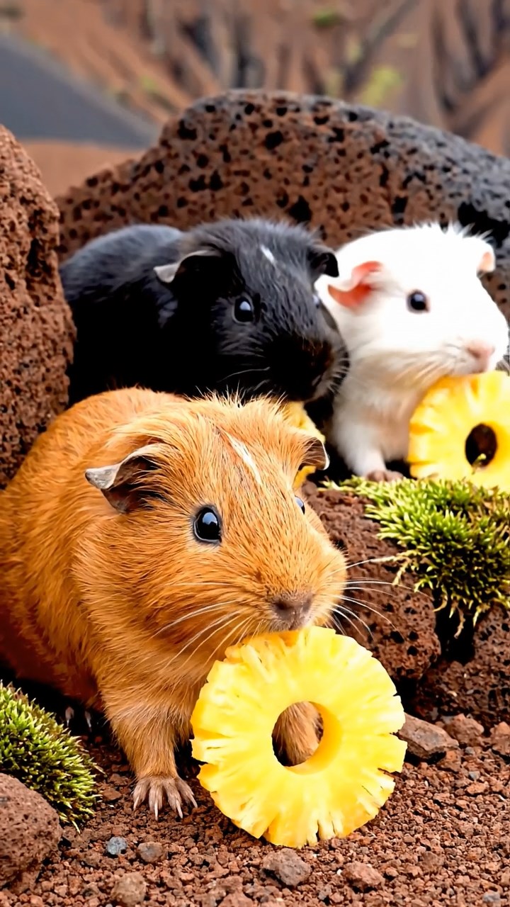 768. Realistic scene of 3 smooth-haired Californian guinea pigs with Chocolate, Cinnamon, and Gray fur, grooming each other in a lush meadow with scattered wildflowers and a babbling brook, under golden sunlight, enhancing the authentic, social atmosphere.