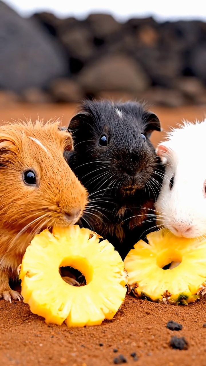 768. Realistic scene of 3 smooth-haired Californian guinea pigs with Chocolate, Cinnamon, and Gray fur, grooming each other in a lush meadow with scattered wildflowers and a babbling brook, under golden sunlight, enhancing the authentic, social atmosphere.