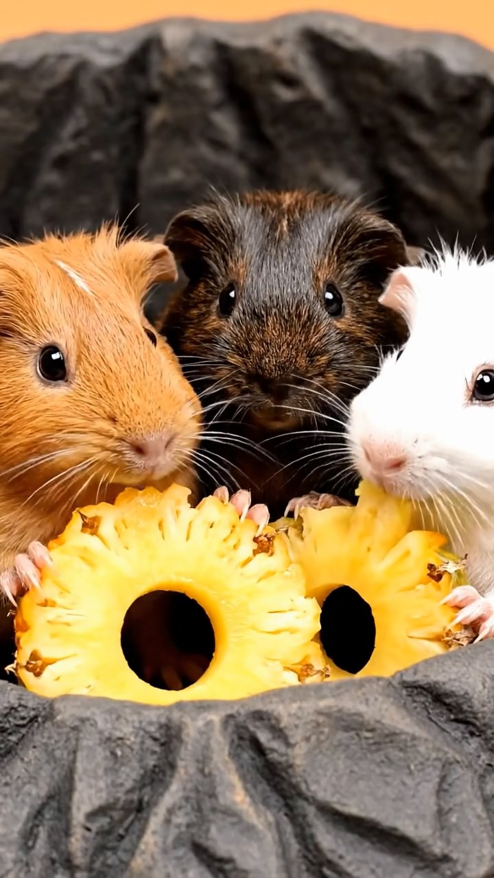 768. Realistic scene of 3 smooth-haired Californian guinea pigs with Chocolate, Cinnamon, and Gray fur, grooming each other in a lush meadow with scattered wildflowers and a babbling brook, under golden sunlight, enhancing the authentic, social atmosphere.