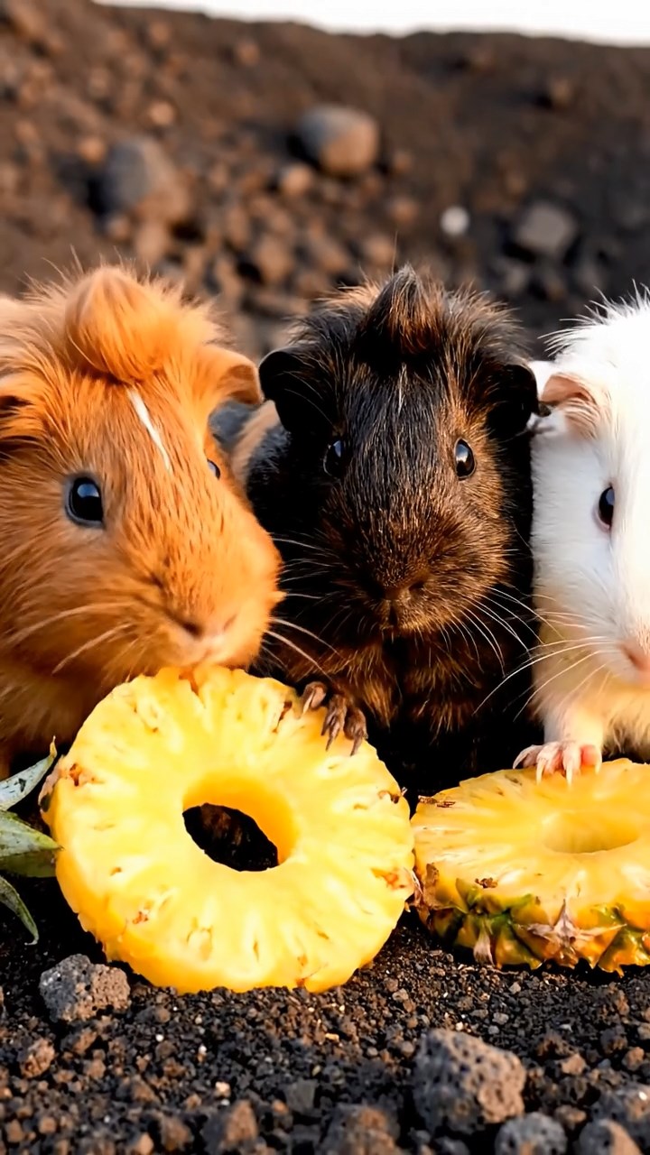 768. Realistic scene of 3 smooth-haired Californian guinea pigs with Chocolate, Cinnamon, and Gray fur, grooming each other in a lush meadow with scattered wildflowers and a babbling brook, under golden sunlight, enhancing the authentic, social atmosphere.