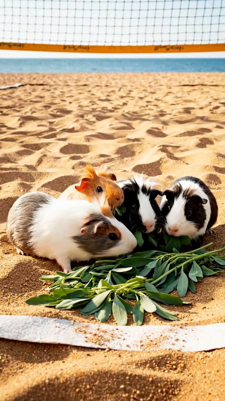 769. Detailed photo of 4 smooth-haired American guinea pigs with White, Orange, Black, and Brown fur, dressed as doctors in tiny white coats, performing check-ups in a guinea pig hospital with miniature beds and medical charts, under bright lights, creating a vivid, lifelike medical scene.