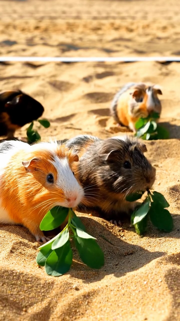 769. Detailed photo of 4 smooth-haired American guinea pigs with White, Orange, Black, and Brown fur, dressed as doctors in tiny white coats, performing check-ups in a guinea pig hospital with miniature beds and medical charts, under bright lights, creating a vivid, lifelike medical scene.