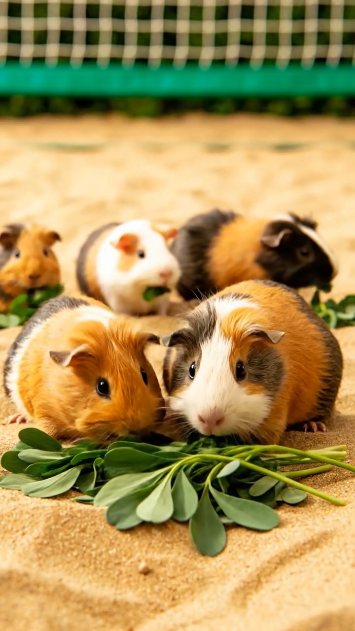 769. Detailed photo of 4 smooth-haired American guinea pigs with White, Orange, Black, and Brown fur, dressed as doctors in tiny white coats, performing check-ups in a guinea pig hospital with miniature beds and medical charts, under bright lights, creating a vivid, lifelike medical scene.
