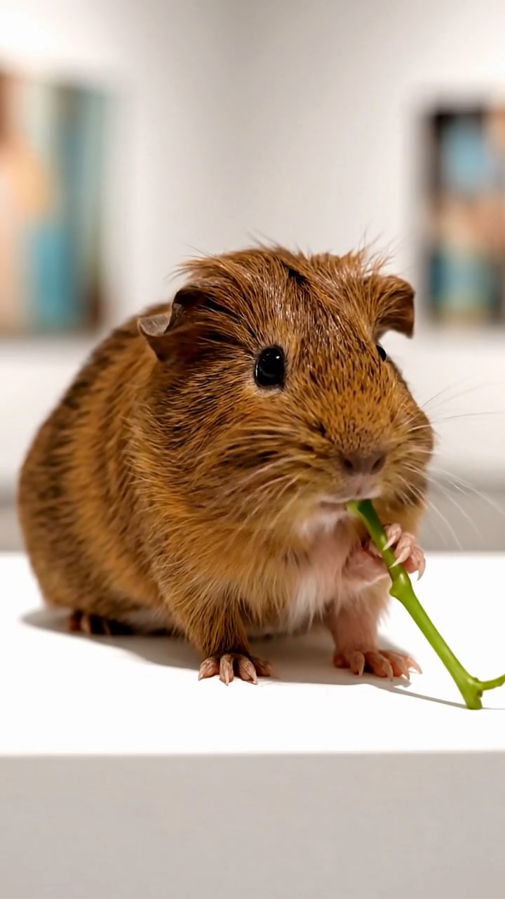 770. Photorealistic scene of 5 smooth-haired Teddy guinea pigs with Cream, Fawn, Sable, Gray, and Cinnamon fur, play-fighting in a grassy clearing with soft moss and scattered twigs, under gentle morning light, capturing a realistic, playful woodland moment.