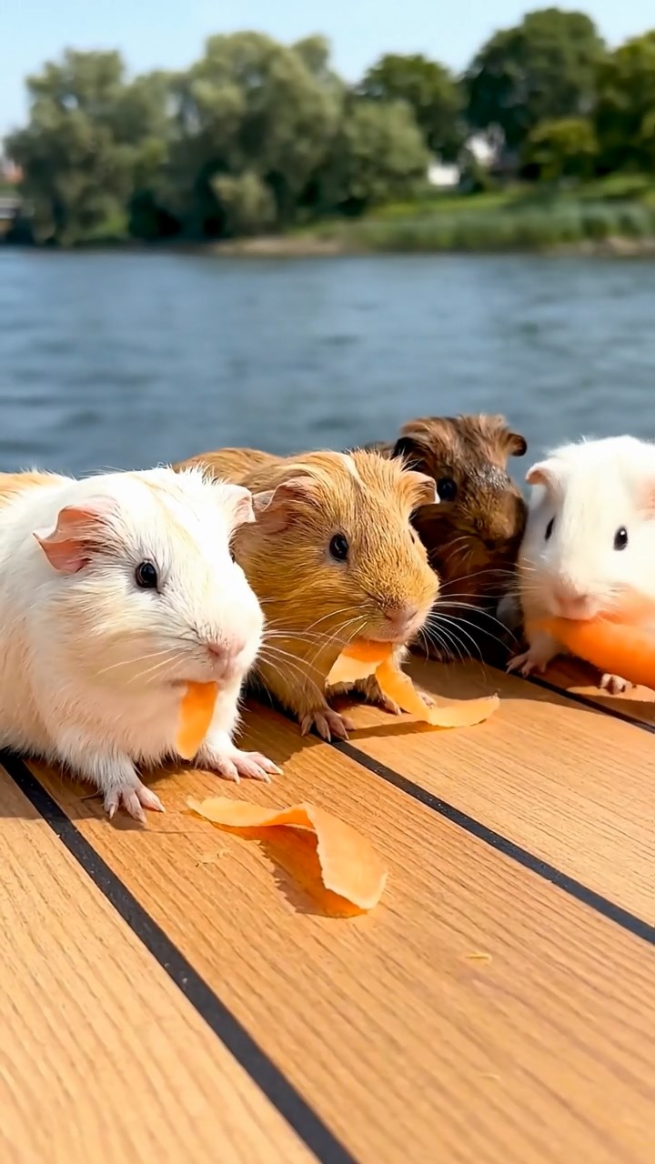 771. Highly detailed view of 1 smooth-haired Himalayan guinea pig with White fur, munching on bell peppers, in a vibrant vegetable garden with rows of tomatoes and lettuce, under bright sunlight, creating a realistic, colorful rural scene.