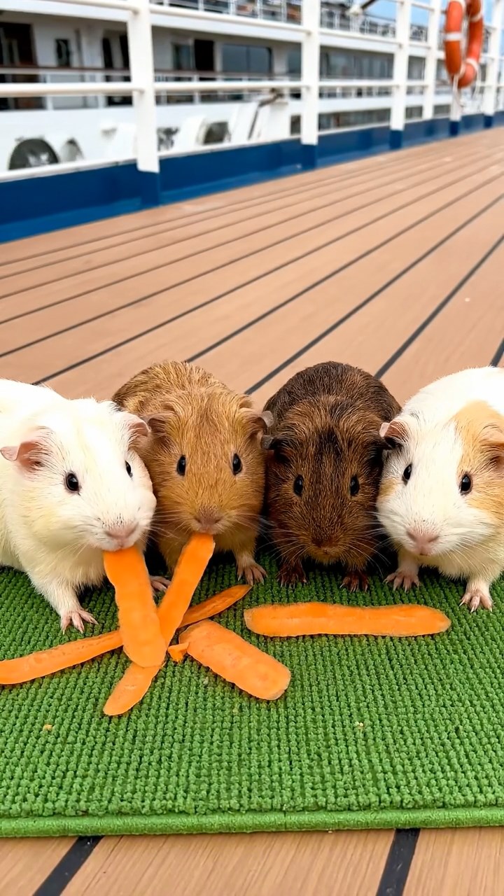 771. Highly detailed view of 1 smooth-haired Himalayan guinea pig with White fur, munching on bell peppers, in a vibrant vegetable garden with rows of tomatoes and lettuce, under bright sunlight, creating a realistic, colorful rural scene.