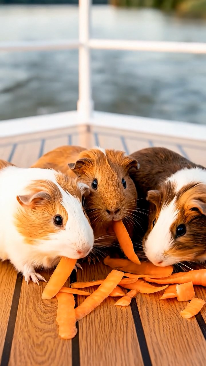 771. Highly detailed view of 1 smooth-haired Himalayan guinea pig with White fur, munching on bell peppers, in a vibrant vegetable garden with rows of tomatoes and lettuce, under bright sunlight, creating a realistic, colorful rural scene.