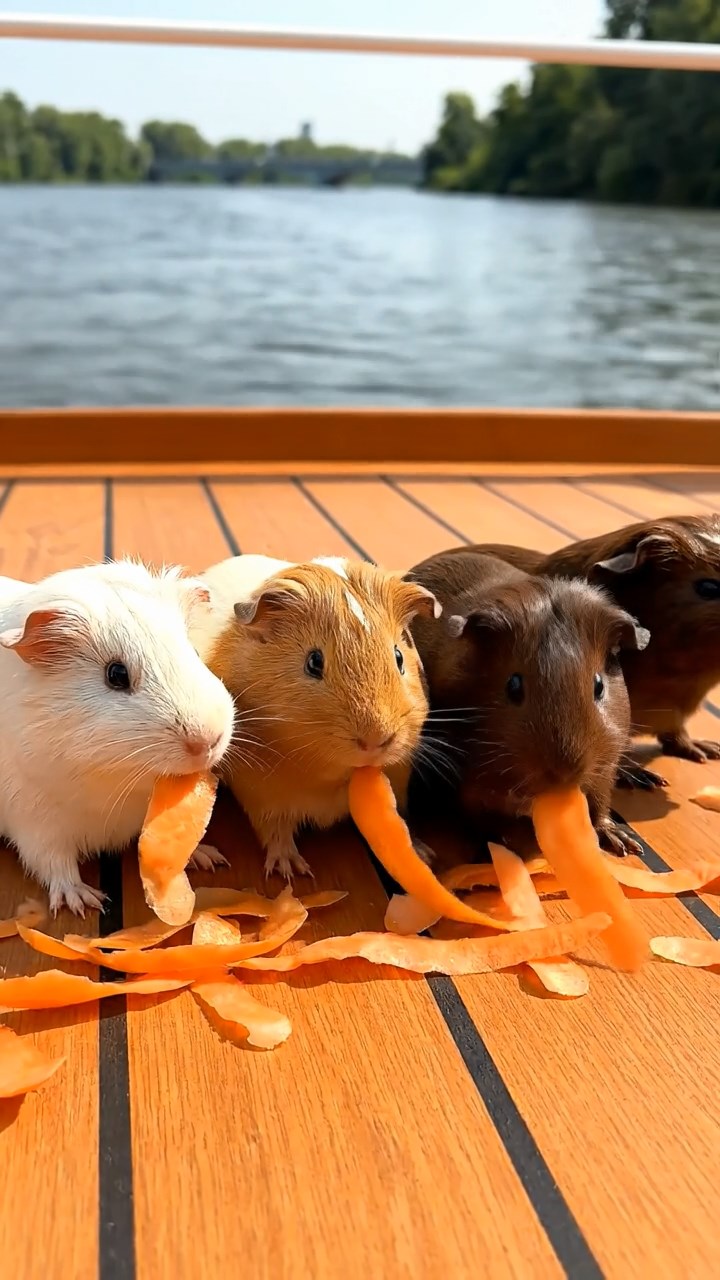 771. Highly detailed view of 1 smooth-haired Himalayan guinea pig with White fur, munching on bell peppers, in a vibrant vegetable garden with rows of tomatoes and lettuce, under bright sunlight, creating a realistic, colorful rural scene.