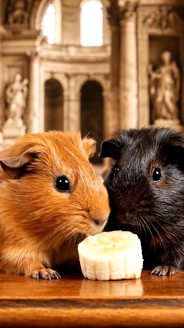 772. Realistic scene of 2 smooth-haired Californian guinea pigs with Orange and Black fur, dressed as tailors in tiny vests, sewing miniature shirts in a guinea pig atelier with colorful fabrics and hay mannequins, under warm lamplight, enhancing the lifelike, creative atmosphere.