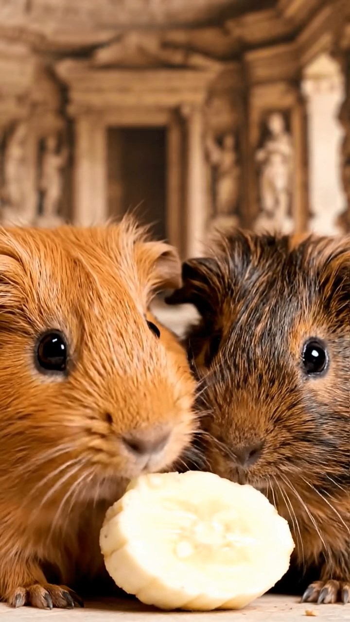 772. Realistic scene of 2 smooth-haired Californian guinea pigs with Orange and Black fur, dressed as tailors in tiny vests, sewing miniature shirts in a guinea pig atelier with colorful fabrics and hay mannequins, under warm lamplight, enhancing the lifelike, creative atmosphere.