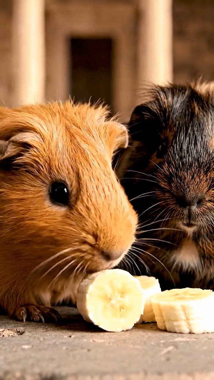 772. Realistic scene of 2 smooth-haired Californian guinea pigs with Orange and Black fur, dressed as tailors in tiny vests, sewing miniature shirts in a guinea pig atelier with colorful fabrics and hay mannequins, under warm lamplight, enhancing the lifelike, creative atmosphere.