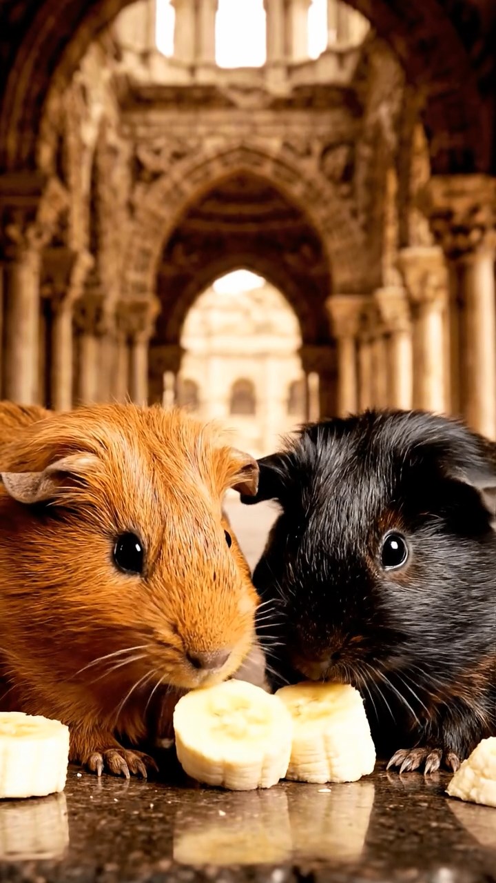 772. Realistic scene of 2 smooth-haired Californian guinea pigs with Orange and Black fur, dressed as tailors in tiny vests, sewing miniature shirts in a guinea pig atelier with colorful fabrics and hay mannequins, under warm lamplight, enhancing the lifelike, creative atmosphere.