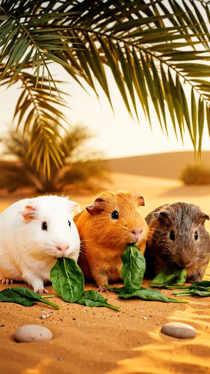 773. Detailed photo of 3 smooth-haired American guinea pigs with Gray, Cream, and Brown fur, burrowing like rabbits in a sandy dune with sparse grass and distant cacti, under a golden sunset, creating a vivid, realistic desert scene.