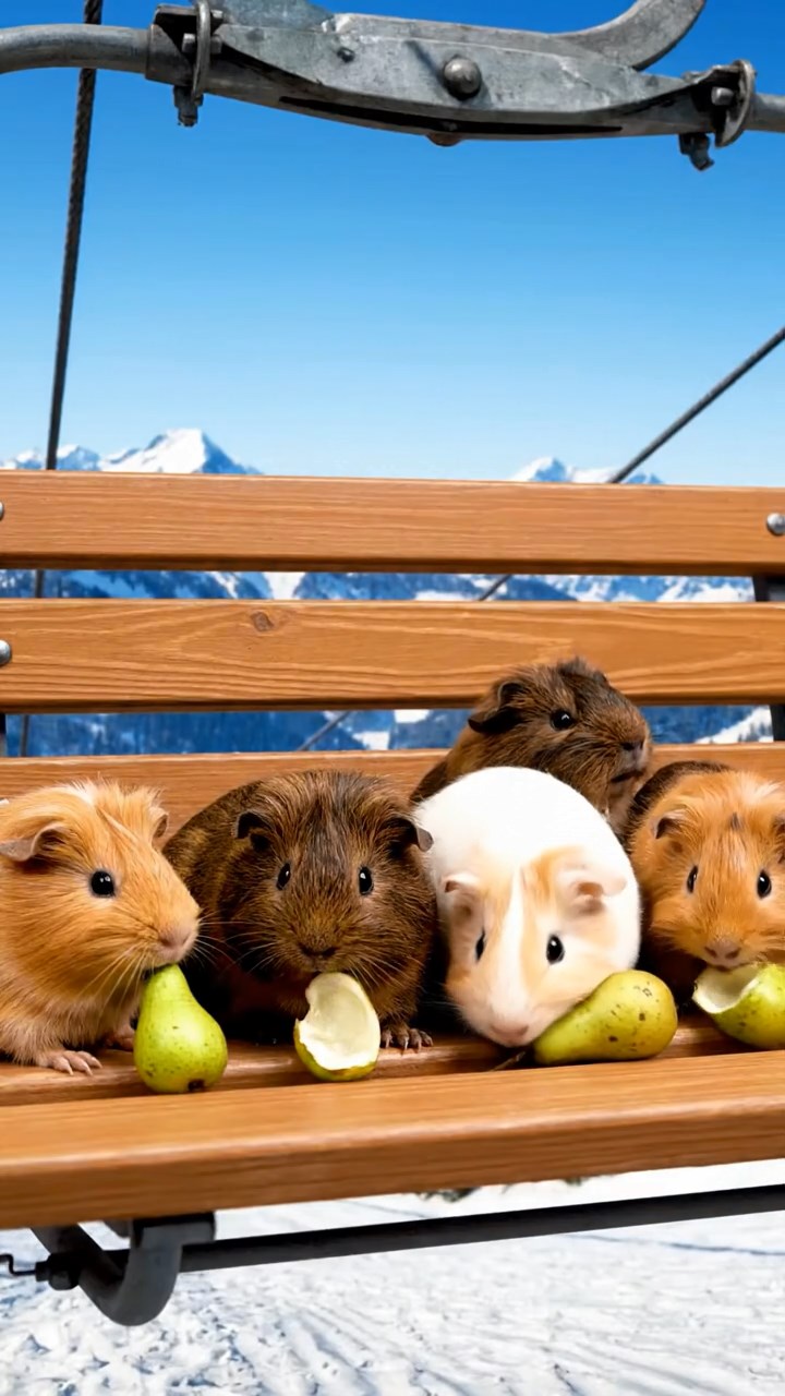 775. Highly detailed view of 5 smooth-haired Himalayan guinea pigs with White, Orange, Gray, Black, and Brown fur, foraging for wild herbs in a lush meadow with wildflowers and a babbling brook, under soft morning light, creating a realistic, serene pastoral scene.