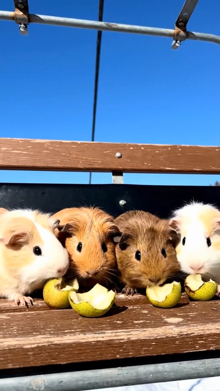 775. Highly detailed view of 5 smooth-haired Himalayan guinea pigs with White, Orange, Gray, Black, and Brown fur, foraging for wild herbs in a lush meadow with wildflowers and a babbling brook, under soft morning light, creating a realistic, serene pastoral scene.