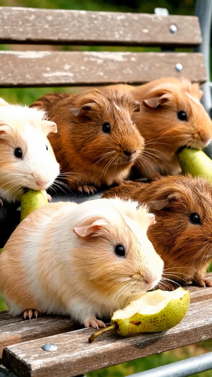775. Highly detailed view of 5 smooth-haired Himalayan guinea pigs with White, Orange, Gray, Black, and Brown fur, foraging for wild herbs in a lush meadow with wildflowers and a babbling brook, under soft morning light, creating a realistic, serene pastoral scene.