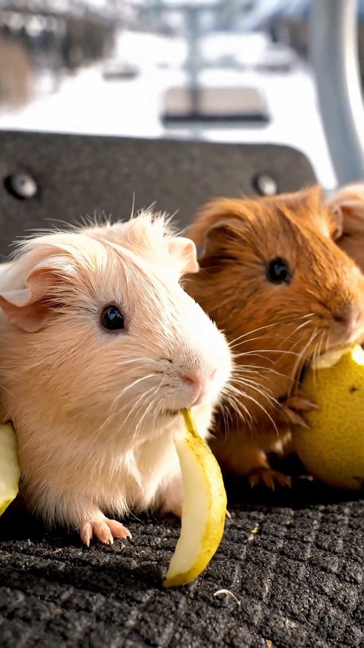 775. Highly detailed view of 5 smooth-haired Himalayan guinea pigs with White, Orange, Gray, Black, and Brown fur, foraging for wild herbs in a lush meadow with wildflowers and a babbling brook, under soft morning light, creating a realistic, serene pastoral scene.