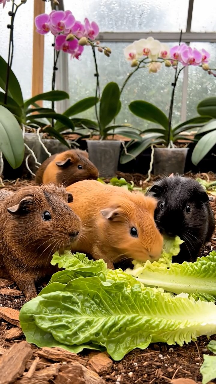 776. Realistic scene of 1 smooth-haired Californian guinea pig with Cream fur, nibbling on strawberries, in a fragrant rose garden with blooming red and white roses, under warm sunlight, capturing a vivid, lifelike romantic moment.