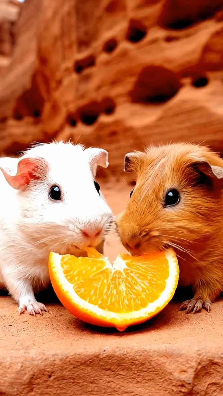 777. Detailed photo of 2 smooth-haired American guinea pigs with Fawn and Sable fur, dressed as bakers in tiny aprons, baking pies in a guinea pig bakery with hay ovens and wooden counters, under soft lamplight, creating a realistic, cozy culinary scene.