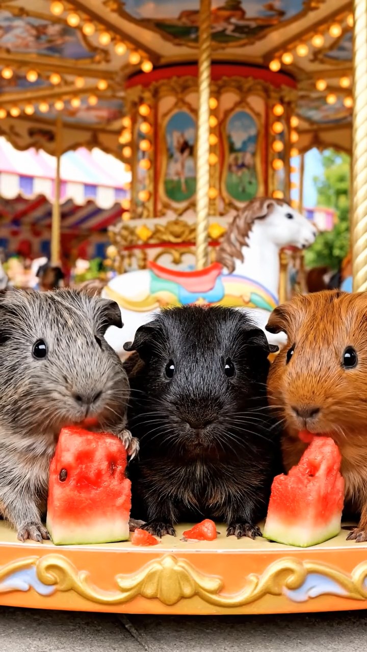 778. Photorealistic scene of 3 smooth-haired Teddy guinea pigs with Chocolate, Cinnamon, and Gray fur, climbing small rocks in a forested glade with soft moss and scattered leaves, under dappled sunlight, enhancing the authentic, adventurous atmosphere.