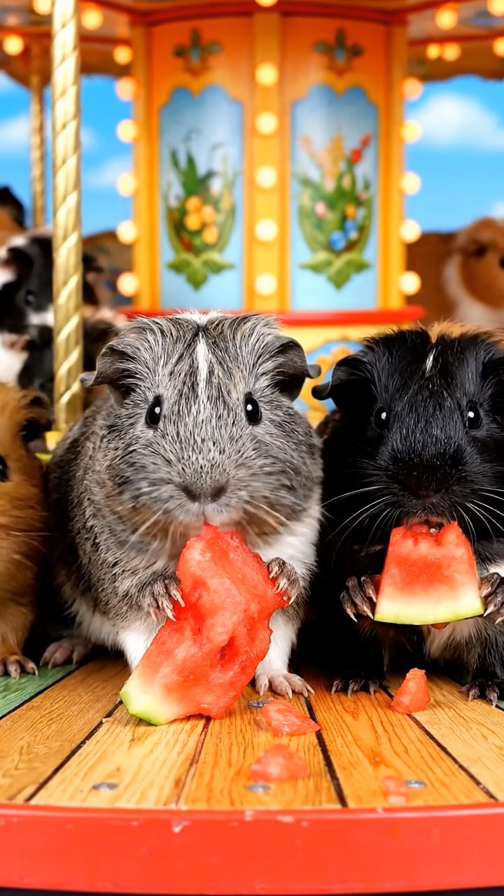 778. Photorealistic scene of 3 smooth-haired Teddy guinea pigs with Chocolate, Cinnamon, and Gray fur, climbing small rocks in a forested glade with soft moss and scattered leaves, under dappled sunlight, enhancing the authentic, adventurous atmosphere.