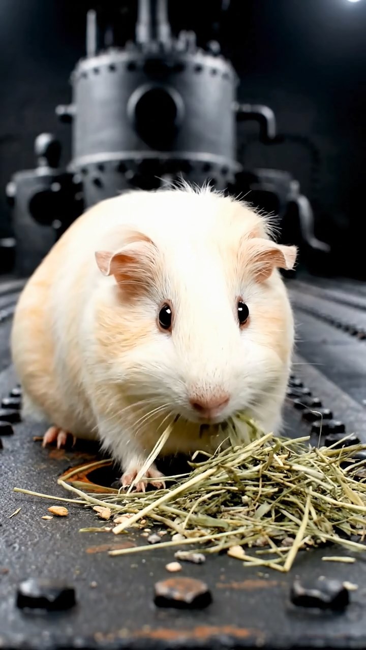 779. Highly detailed view of 4 smooth-haired Himalayan guinea pigs with White, Orange, Black, and Brown fur, dressed as writers in tiny scarves, typing poems in a guinea pig study with miniature books and hay desks, under warm lamplight, creating a vivid, realistic literary scene.