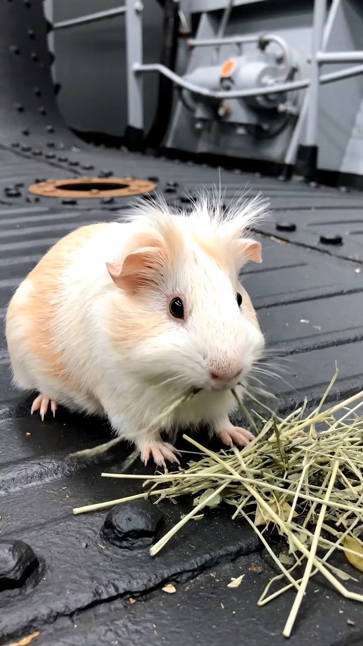 779. Highly detailed view of 4 smooth-haired Himalayan guinea pigs with White, Orange, Black, and Brown fur, dressed as writers in tiny scarves, typing poems in a guinea pig study with miniature books and hay desks, under warm lamplight, creating a vivid, realistic literary scene.