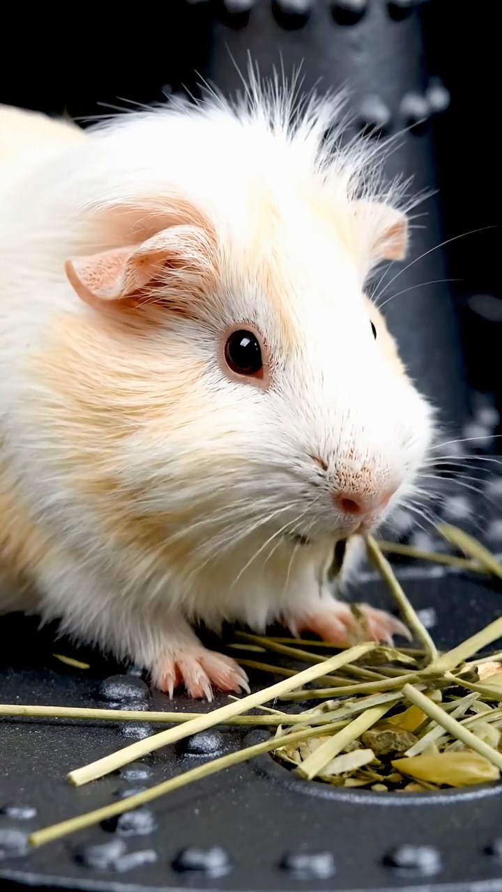 779. Highly detailed view of 4 smooth-haired Himalayan guinea pigs with White, Orange, Black, and Brown fur, dressed as writers in tiny scarves, typing poems in a guinea pig study with miniature books and hay desks, under warm lamplight, creating a vivid, realistic literary scene.