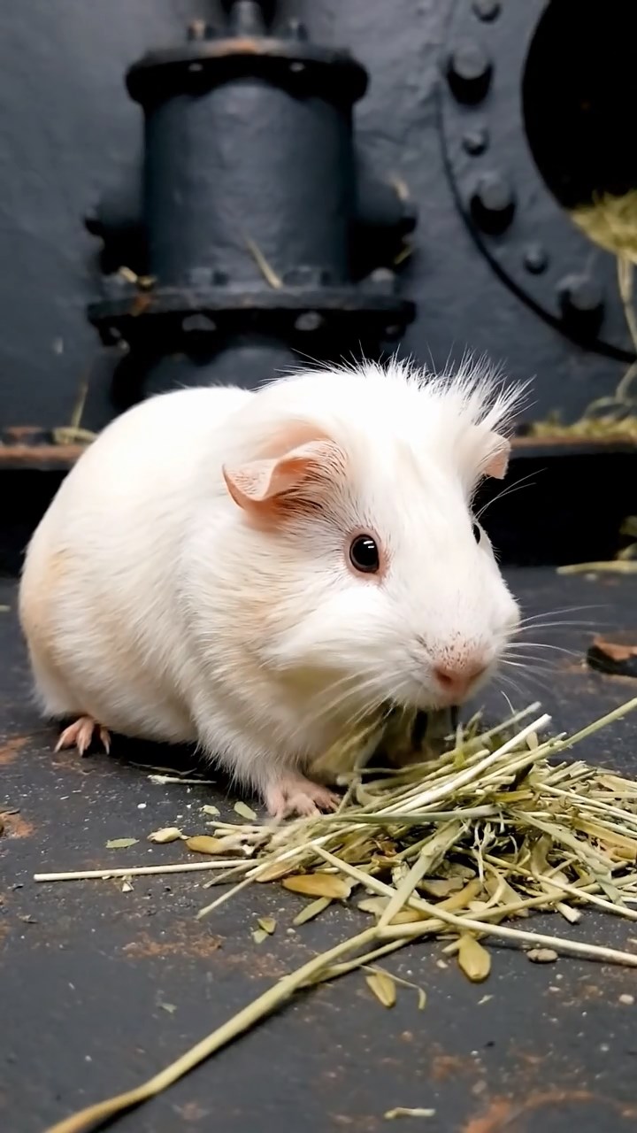 779. Highly detailed view of 4 smooth-haired Himalayan guinea pigs with White, Orange, Black, and Brown fur, dressed as writers in tiny scarves, typing poems in a guinea pig study with miniature books and hay desks, under warm lamplight, creating a vivid, realistic literary scene.