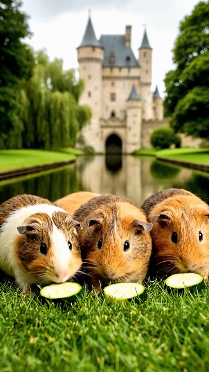 783. Highly detailed view of 3 smooth-haired Himalayan guinea pigs with Gray, Cream, and Brown fur, mating in a secluded grassy clearing surrounded by tall ferns and soft moss, under gentle morning light, creating a realistic, intimate natural scene.