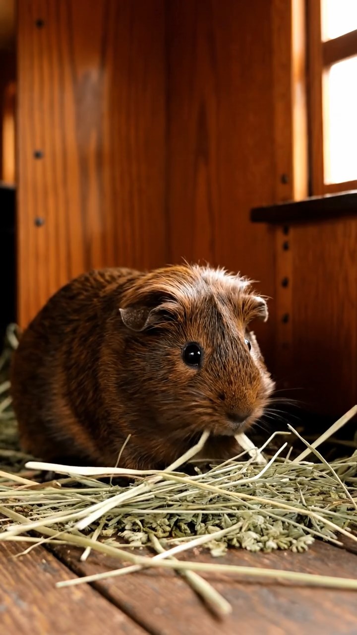 784. Realistic scene of 4 smooth-haired Californian guinea pigs with Fawn, Chocolate, Cinnamon, and Sable fur, dressed as firefighters in tiny uniforms, training with miniature hoses in a guinea pig village with hay houses, under glowing streetlights, capturing a heroic, lifelike moment.