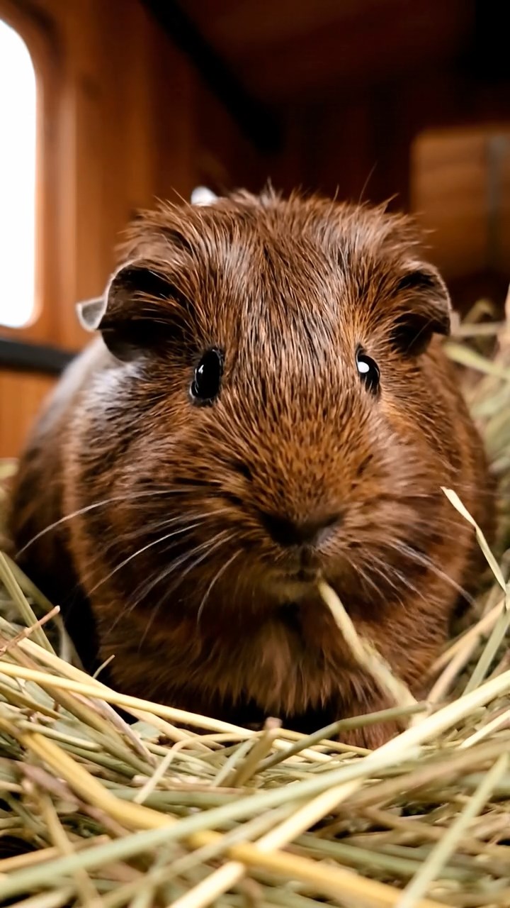 784. Realistic scene of 4 smooth-haired Californian guinea pigs with Fawn, Chocolate, Cinnamon, and Sable fur, dressed as firefighters in tiny uniforms, training with miniature hoses in a guinea pig village with hay houses, under glowing streetlights, capturing a heroic, lifelike moment.