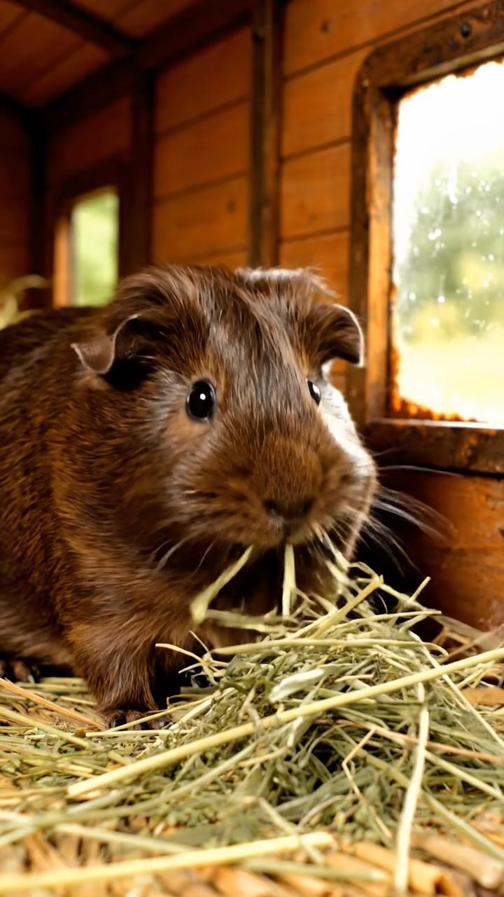 784. Realistic scene of 4 smooth-haired Californian guinea pigs with Fawn, Chocolate, Cinnamon, and Sable fur, dressed as firefighters in tiny uniforms, training with miniature hoses in a guinea pig village with hay houses, under glowing streetlights, capturing a heroic, lifelike moment.