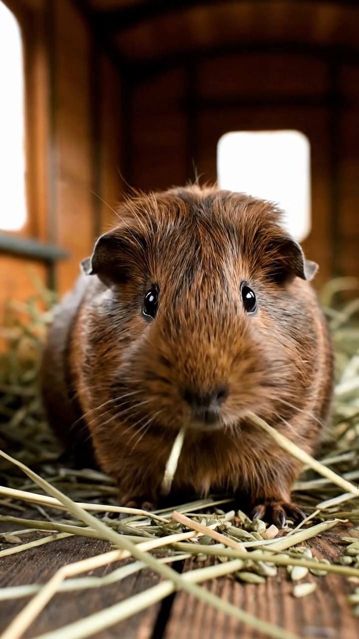 784. Realistic scene of 4 smooth-haired Californian guinea pigs with Fawn, Chocolate, Cinnamon, and Sable fur, dressed as firefighters in tiny uniforms, training with miniature hoses in a guinea pig village with hay houses, under glowing streetlights, capturing a heroic, lifelike moment.