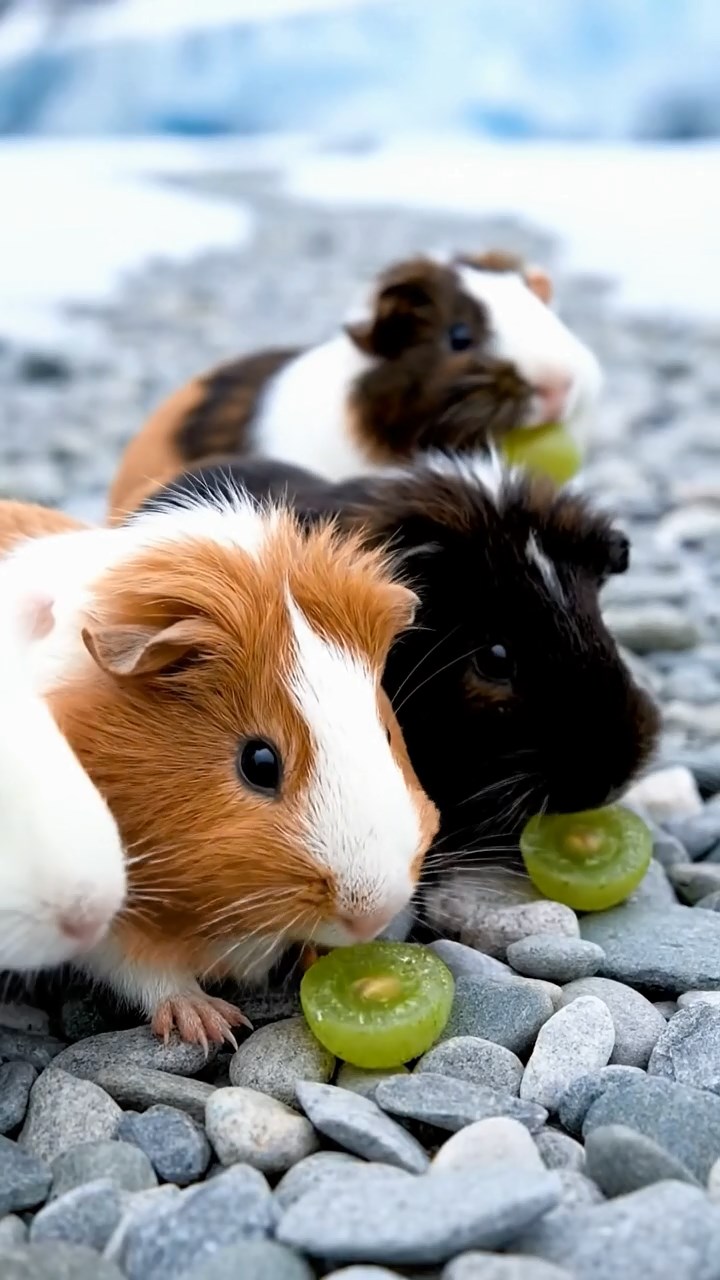 785. Detailed photo of 5 smooth-haired American guinea pigs with White, Orange, Gray, Black, and Brown fur, foraging for clover in a lush meadow with wildflowers and a trickling stream, under soft morning light, creating a realistic, serene pastoral scene.