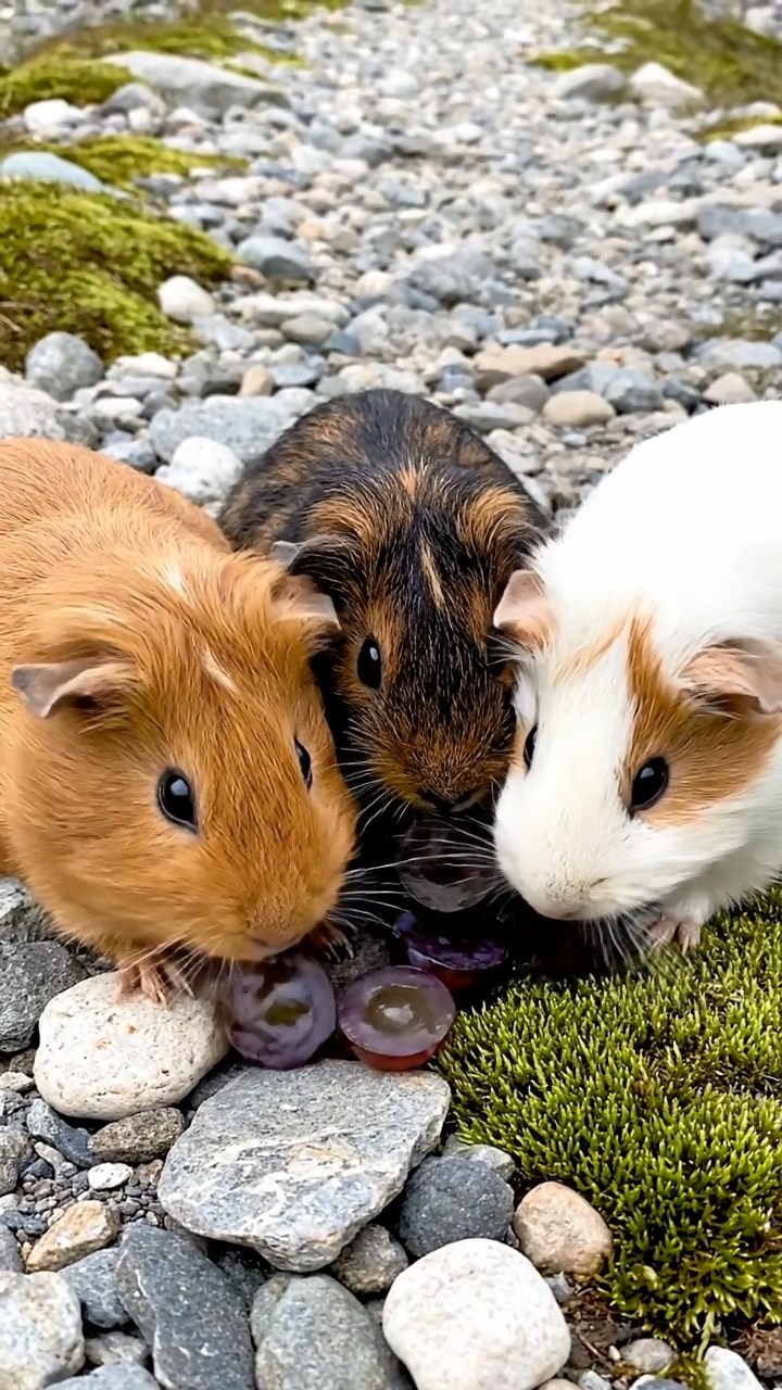 785. Detailed photo of 5 smooth-haired American guinea pigs with White, Orange, Gray, Black, and Brown fur, foraging for clover in a lush meadow with wildflowers and a trickling stream, under soft morning light, creating a realistic, serene pastoral scene.