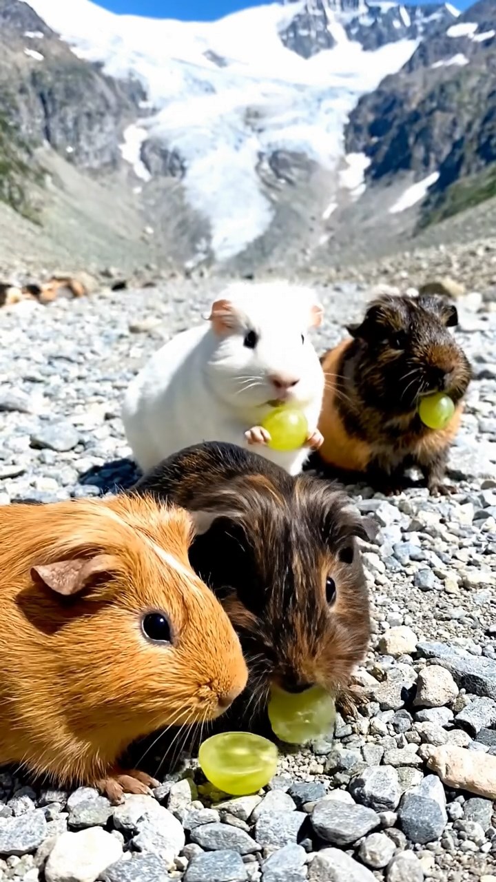 785. Detailed photo of 5 smooth-haired American guinea pigs with White, Orange, Gray, Black, and Brown fur, foraging for clover in a lush meadow with wildflowers and a trickling stream, under soft morning light, creating a realistic, serene pastoral scene.