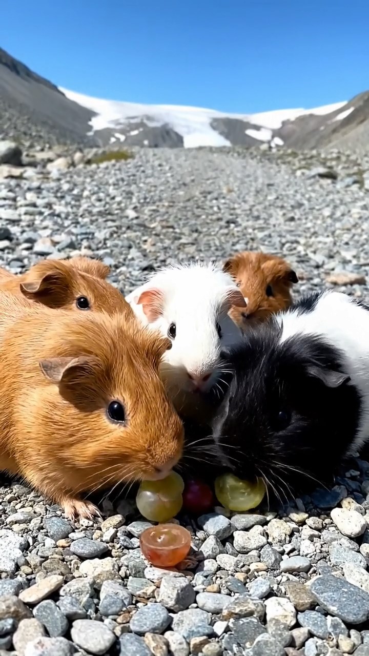 785. Detailed photo of 5 smooth-haired American guinea pigs with White, Orange, Gray, Black, and Brown fur, foraging for clover in a lush meadow with wildflowers and a trickling stream, under soft morning light, creating a realistic, serene pastoral scene.