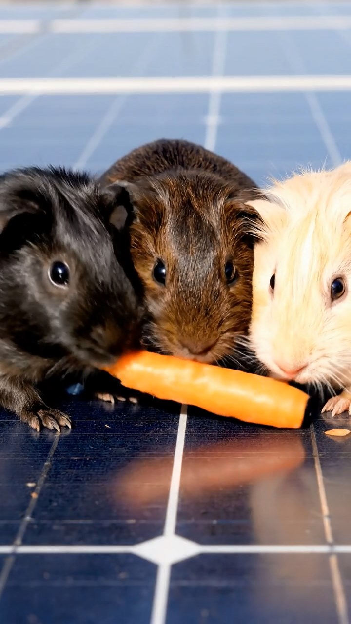 787. Highly detailed view of 2 smooth-haired Himalayan guinea pigs with Fawn and Sable fur, dressed as musicians in tiny vests, playing miniature drums in a guinea pig concert hall with hay seats and velvet curtains, under warm spotlights, creating a realistic, elegant scene.